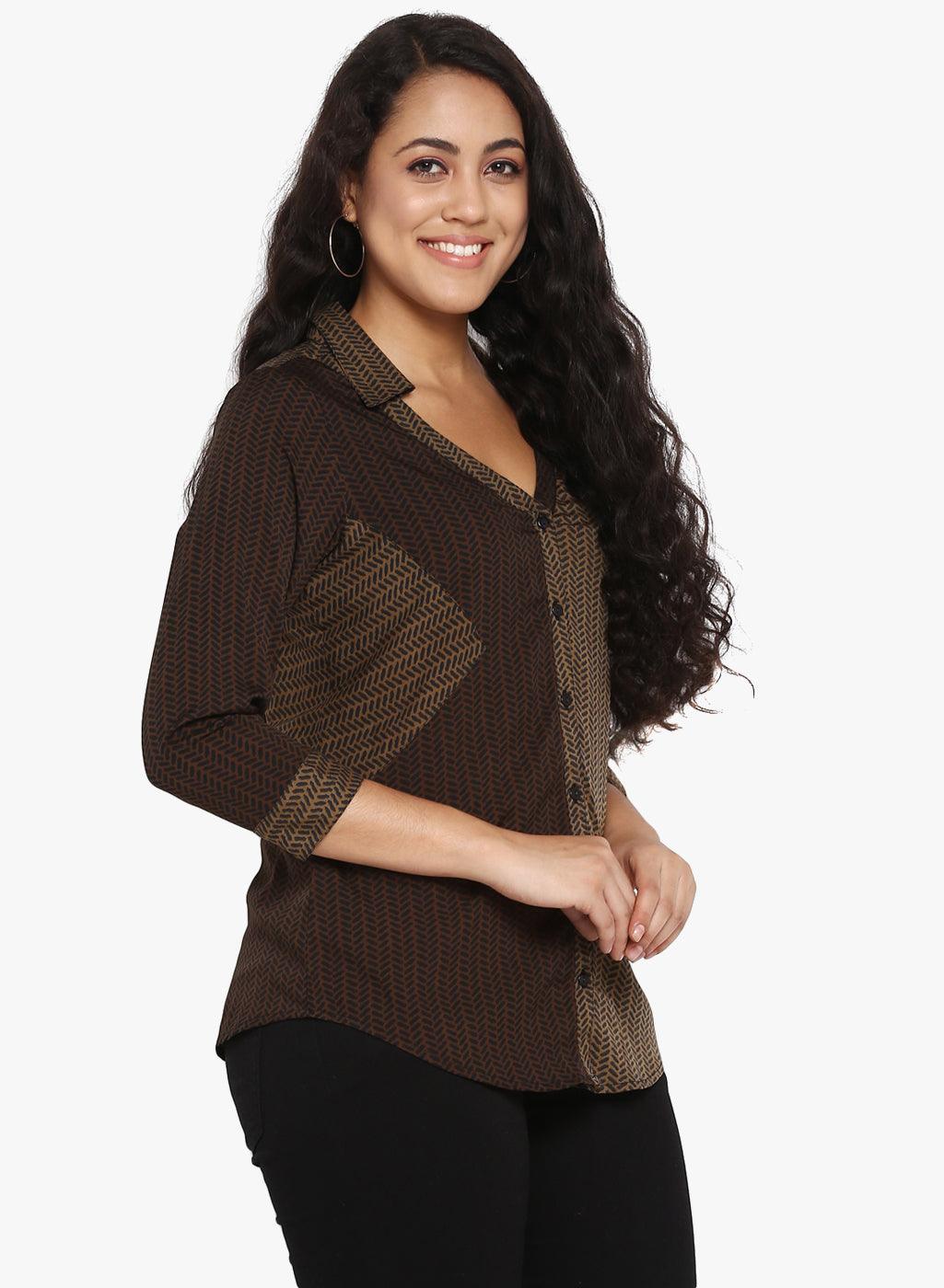 Qurvii Brown printed double shaded side patch shirt - Qurvii India