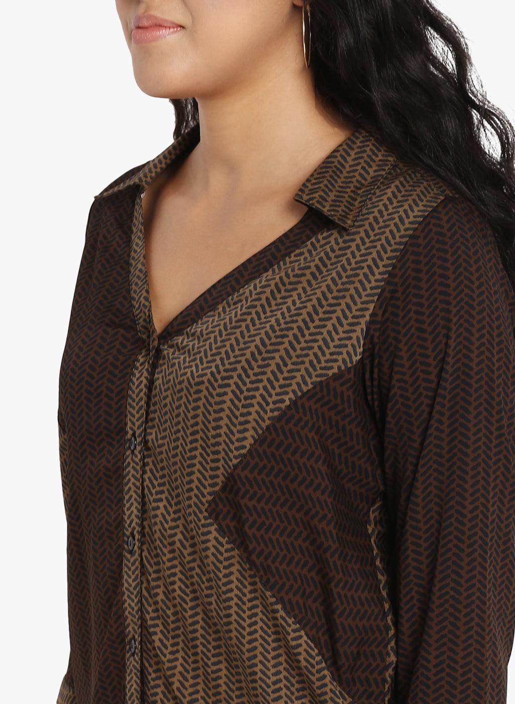 Qurvii Brown printed double shaded side patch shirt - Qurvii India