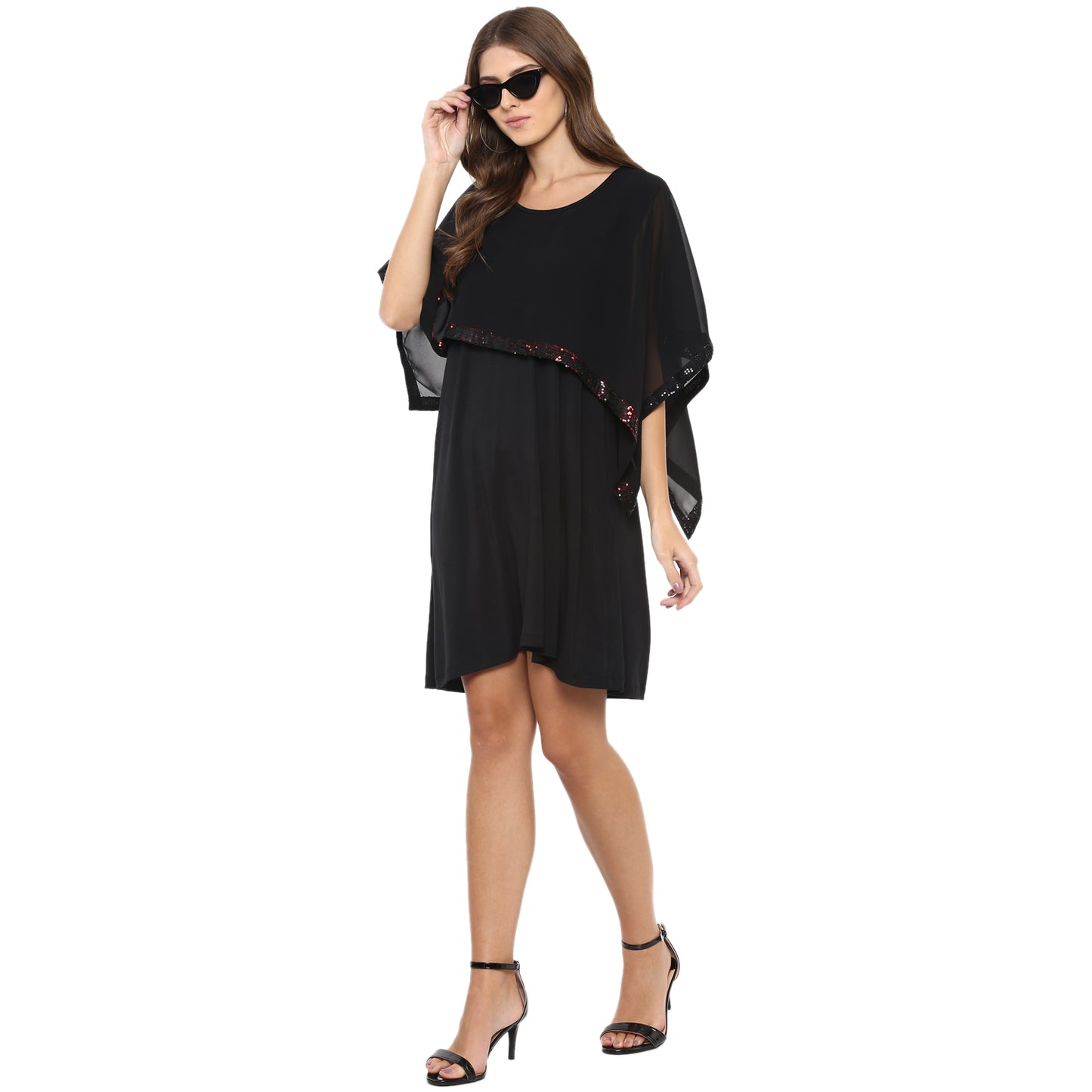 Solid Dark Black Regular Fit Round Neck Elbow Length Cape Sleeve Jersey Dress