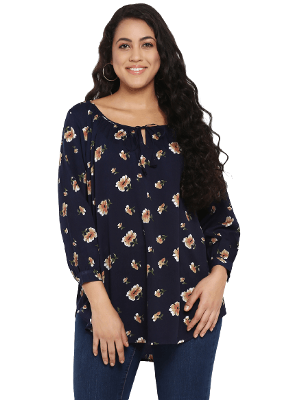 Navy Floral,Gather Neck Top