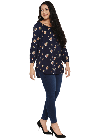 Navy Floral,Gather Neck Top