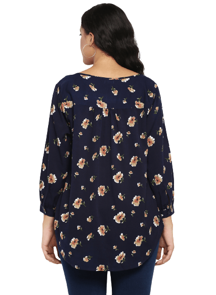 Qurvii Navy Blue Floral Print High-Low Top - Qurvii India