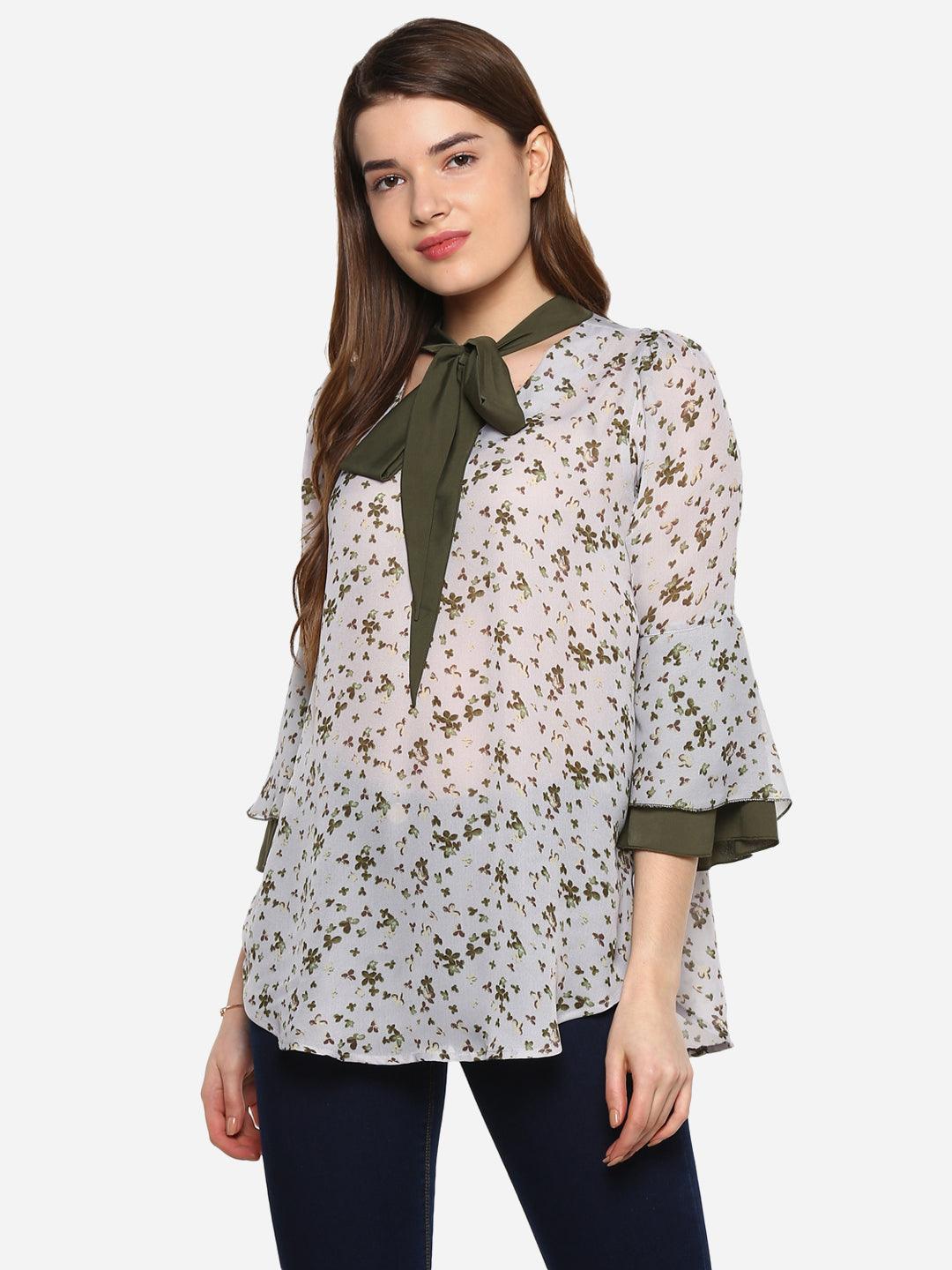 Qurvii Grey floral mosscrepe,oilve tie top - Qurvii India