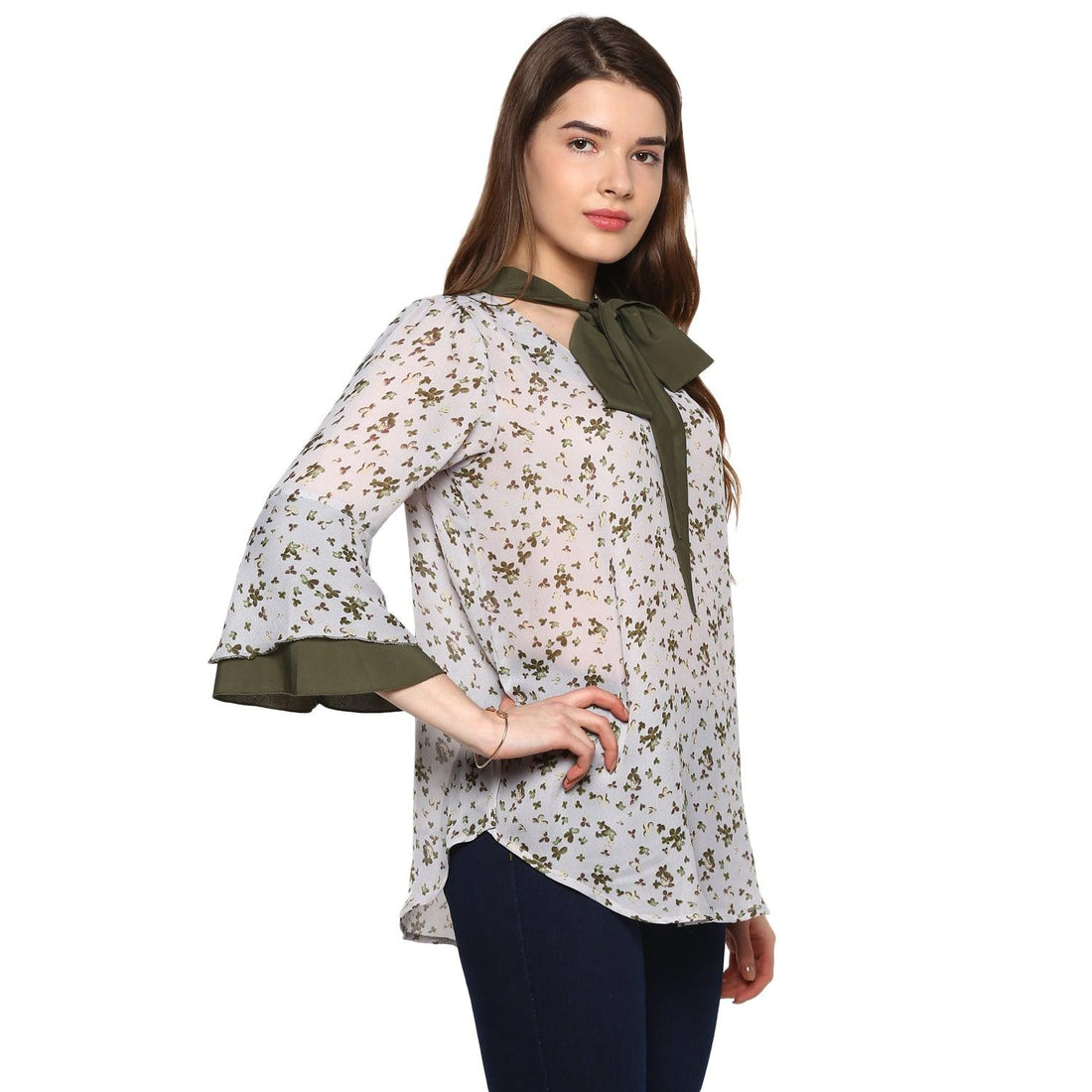 Qurvii Grey floral mosscrepe,oilve tie top - Qurvii India