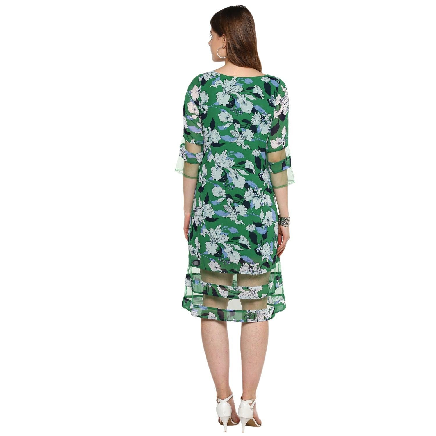 Qurvii Green floral net hem dress - Qurvii India