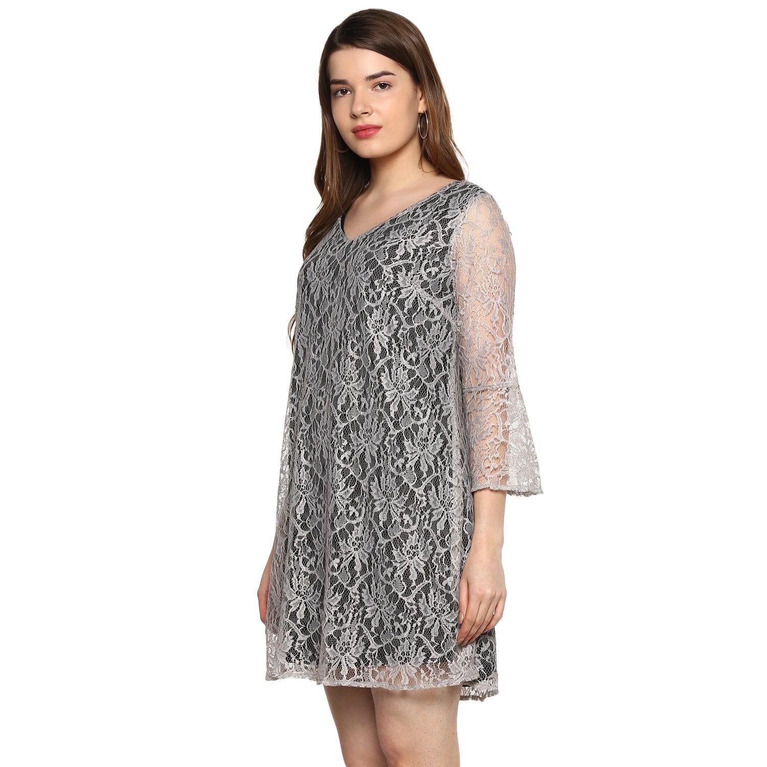 Qurvii Grey net v neck dress - Qurvii India