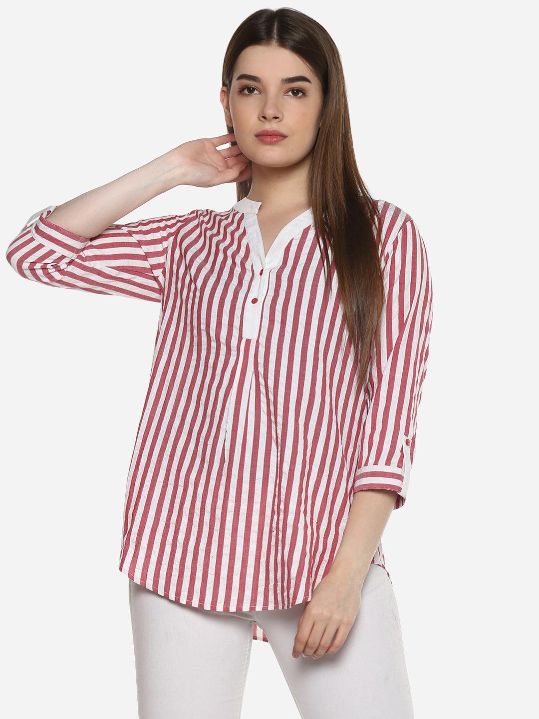 Qurvii Red and white stripe cotton half top - Qurvii India