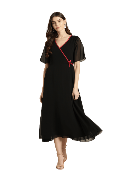 Qurvii Women Black Solid Wrap Dress - Qurvii India