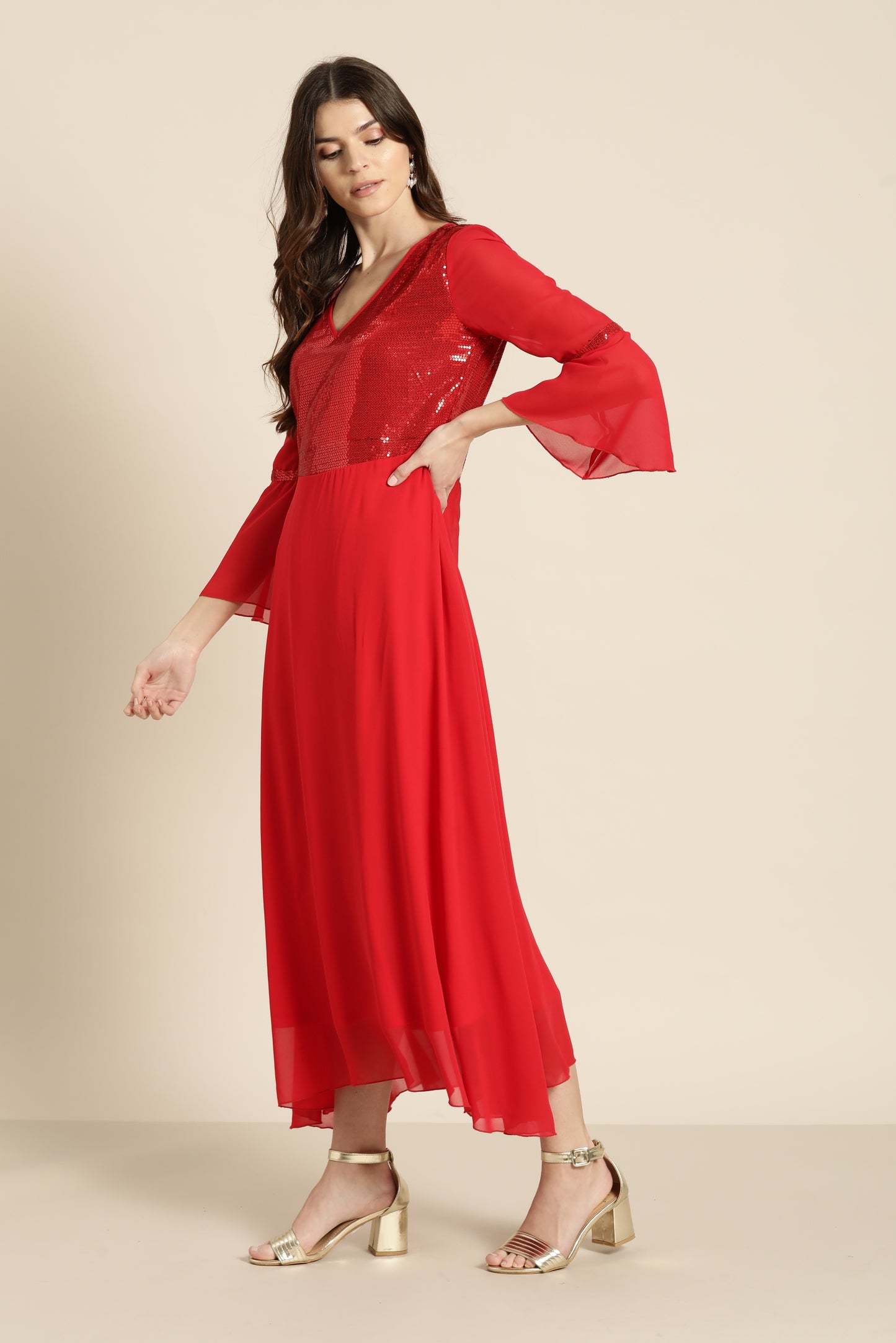 Red sequins party maxi dress