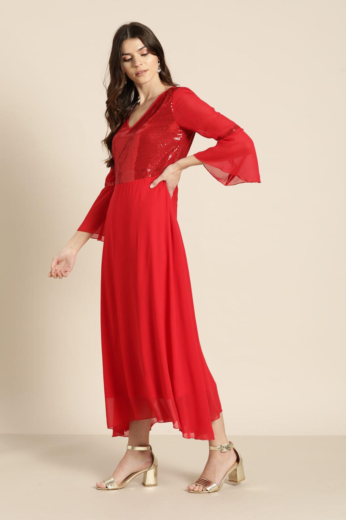 Qurvii Red Floral A Line Dress With Net Yoke And Sleeves - Qurvii India