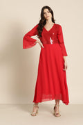 Qurvii Red Floral A Line Dress With Net Yoke And Sleeves - Qurvii India