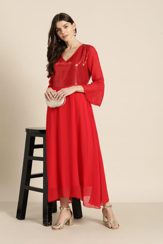 Qurvii Red Floral A Line Dress With Net Yoke And Sleeves - Qurvii India