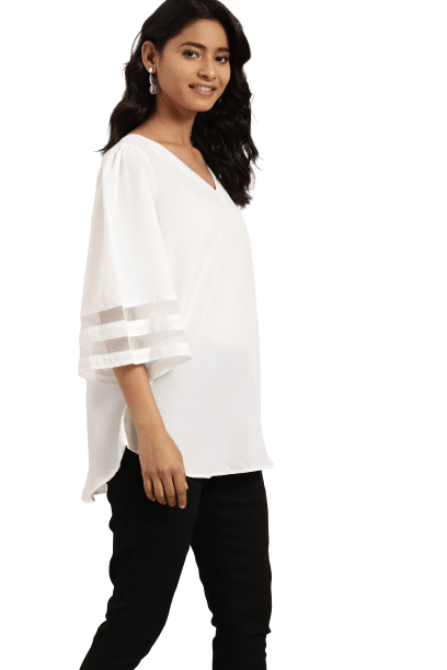 Qurvii White Solid Flared Sleeves Crepe Top - Qurvii India