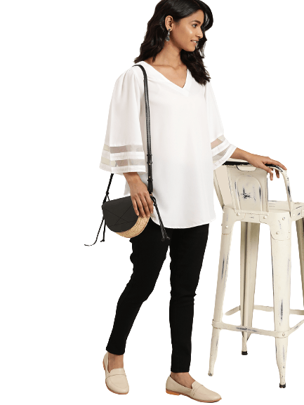 Qurvii White Solid Flared Sleeves Crepe Top - Qurvii India