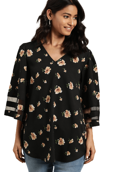 Black Floral Crepe Top With Bell Sleeves