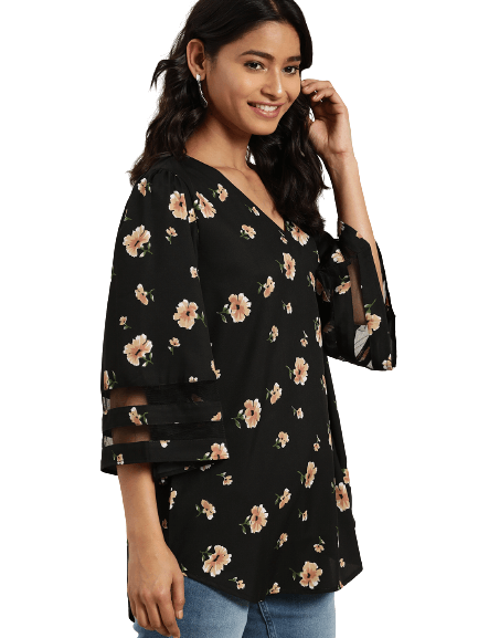 Qurvii Black & Beige Floral Printed Flared Sleeves Crepe Top - Qurvii India