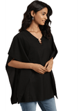 Qurvii Black Solid Kimono Sleeves Crepe Kaftan Top - Qurvii India