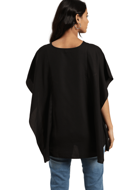 Qurvii Black Solid Kimono Sleeves Crepe Kaftan Top - Qurvii India