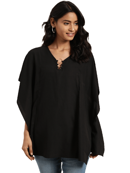 Qurvii Black Solid Kimono Sleeves Crepe Kaftan Top - Qurvii India