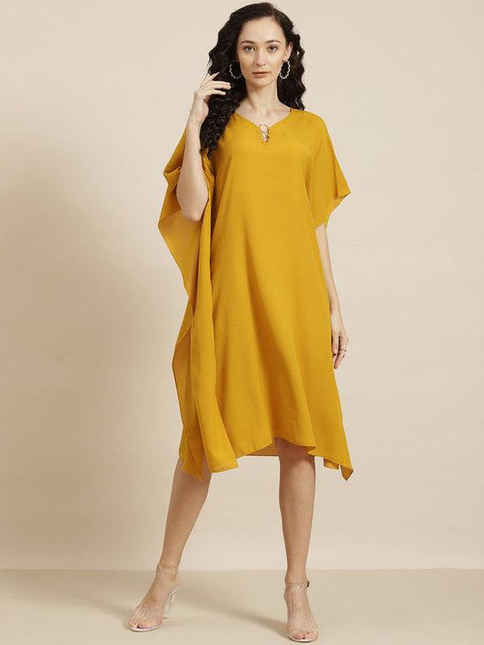 Qurvii Mustard Yellow Keyhole Neck Crepe A-Line Dress - Qurvii India