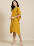 Qurvii Mustard Yellow Keyhole Neck Crepe A-Line Dress - Qurvii India