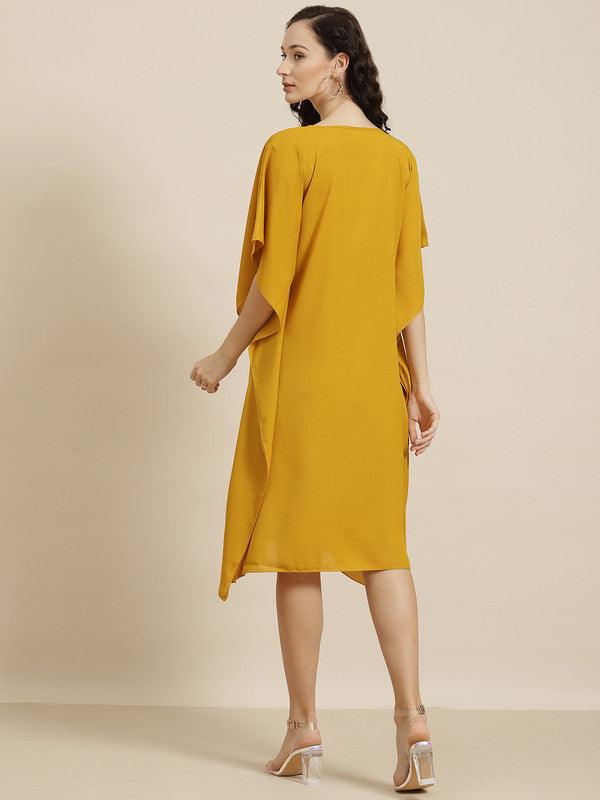 Qurvii Mustard Yellow Keyhole Neck Crepe A-Line Dress - Qurvii India