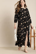 Qurvii Black Floral Long Dress - Qurvii India