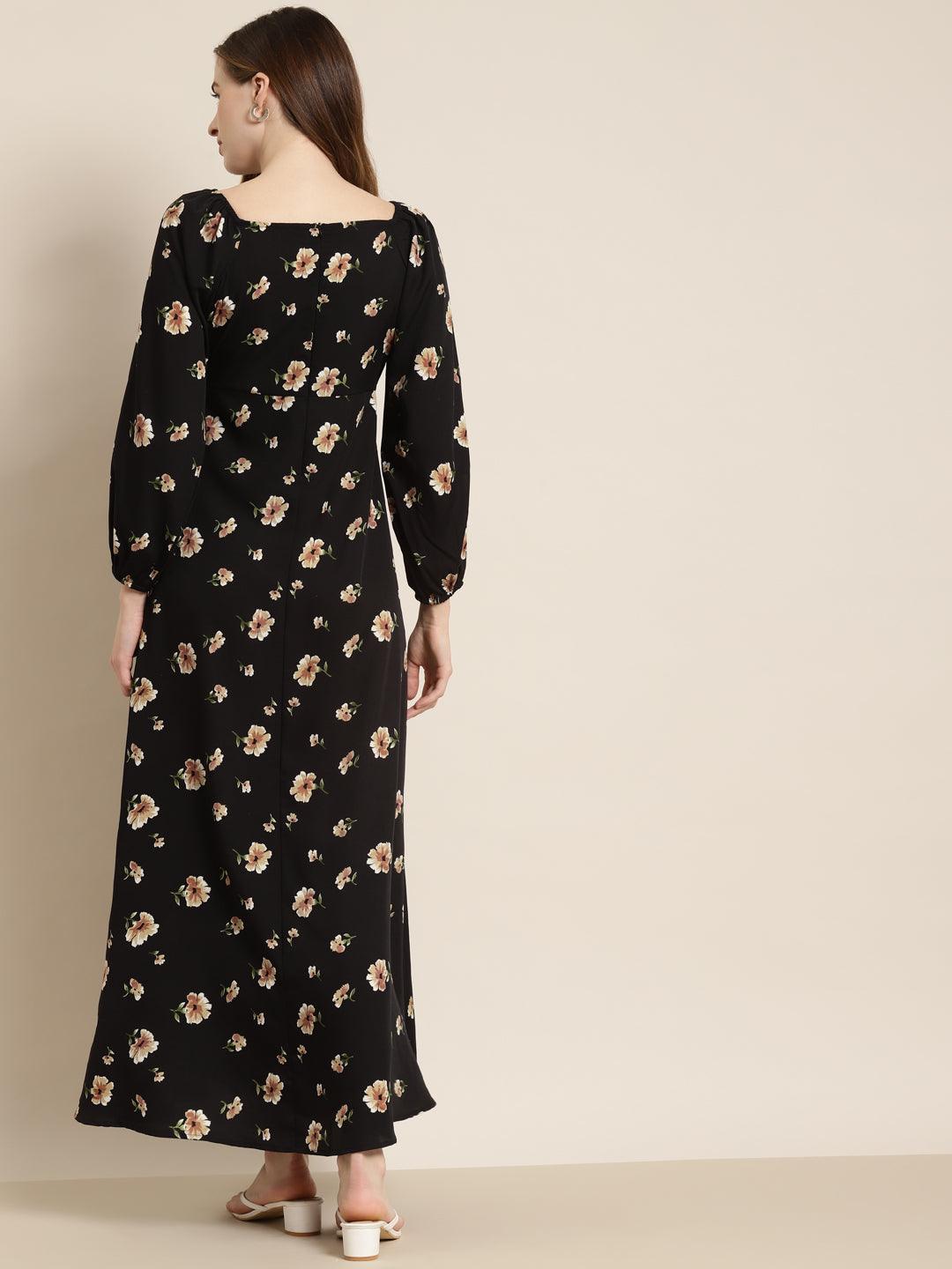 Qurvii Black Floral Long Dress - Qurvii India