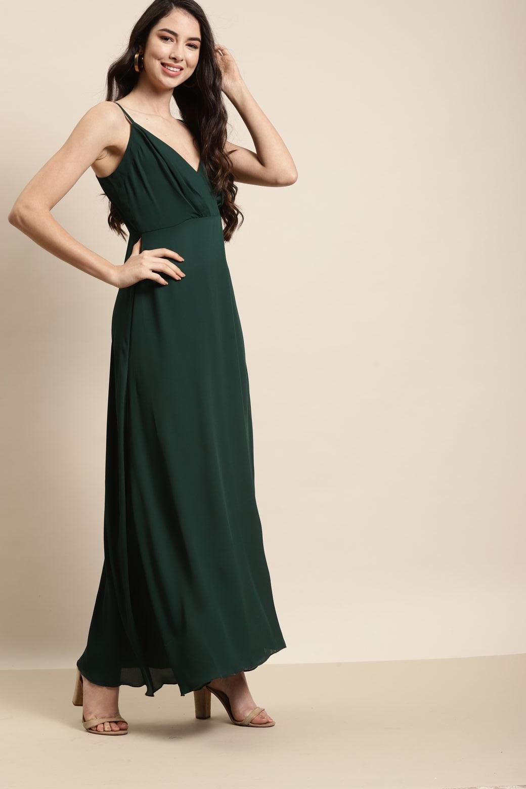 Qurvii Bottle Green Long Dress - Qurvii India