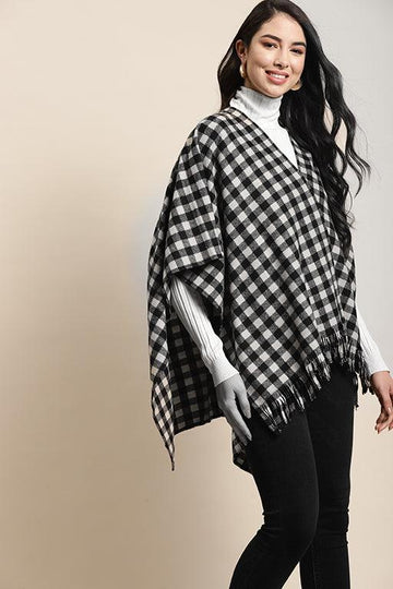 Qurvii Black Plaid Poncho - Qurvii India