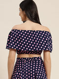 Qurvii Navy polka off shoulder ruffle top - Qurvii India