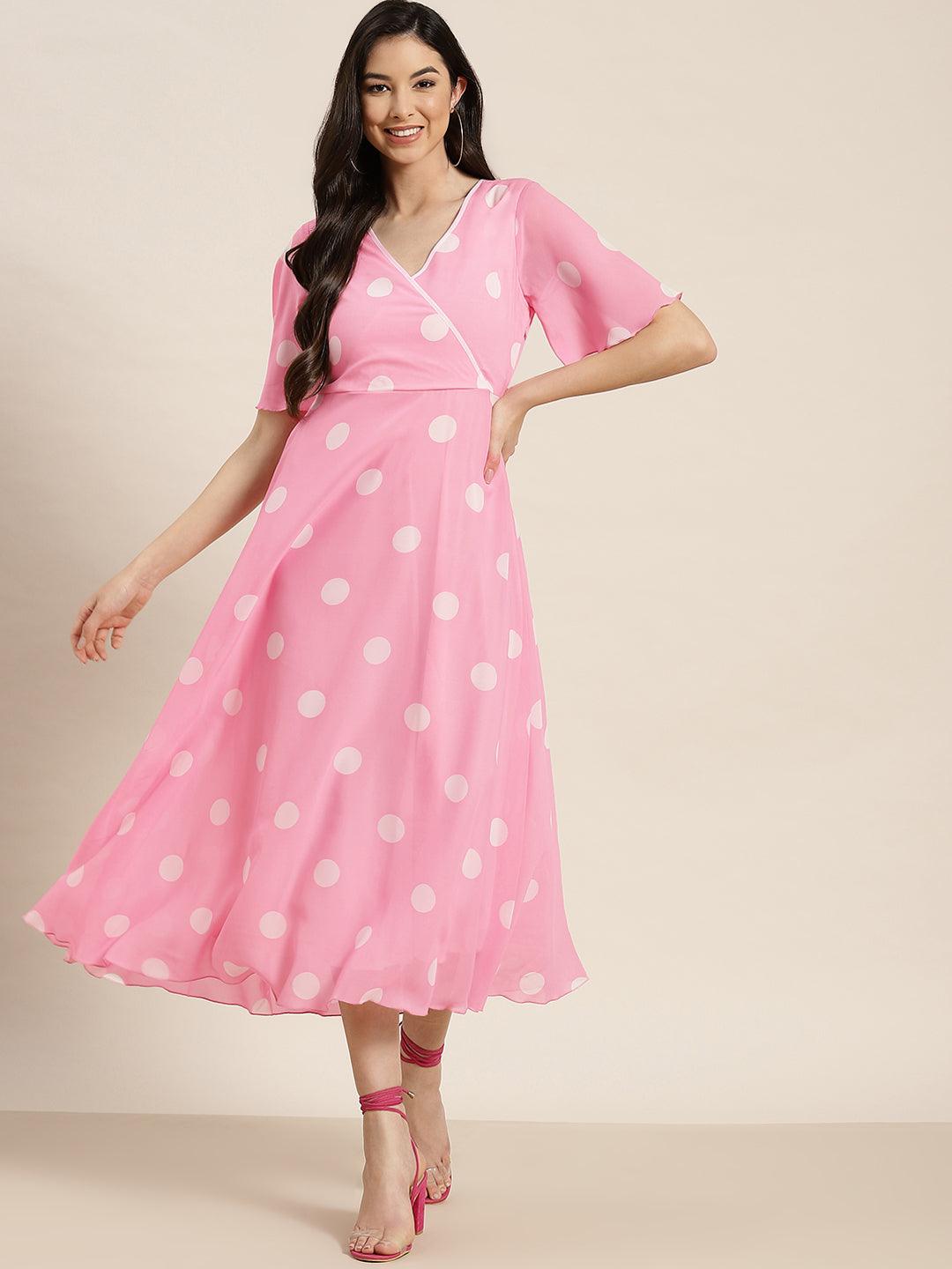 Qurvii Pink Polka Maxi Dress - Qurvii India