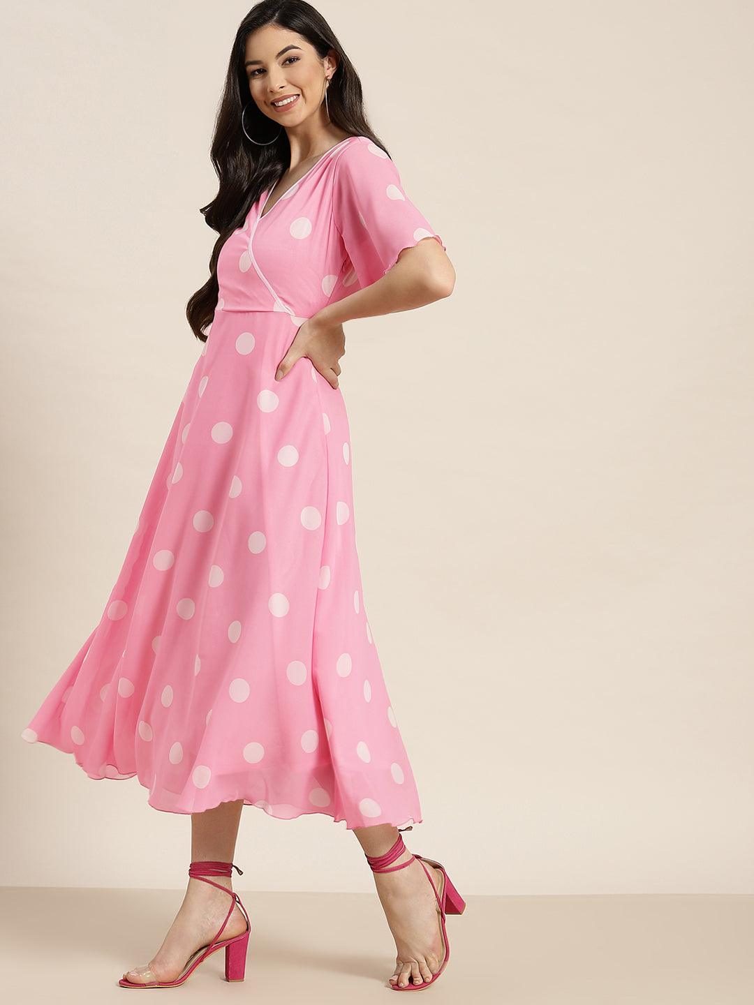 Qurvii Pink Polka Maxi Dress - Qurvii India