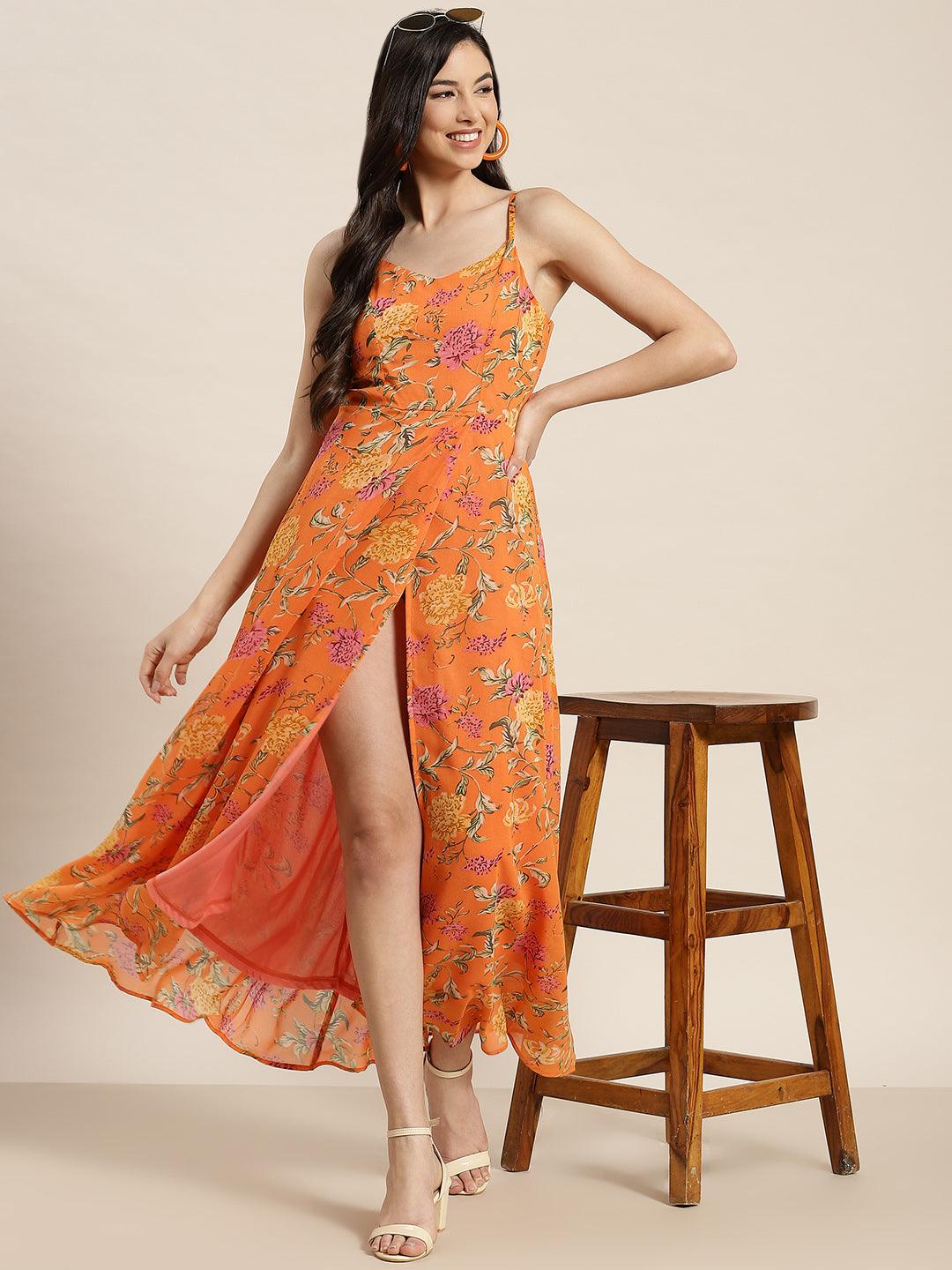 Qurvii Orange Floral Maxi Dress - Qurvii India