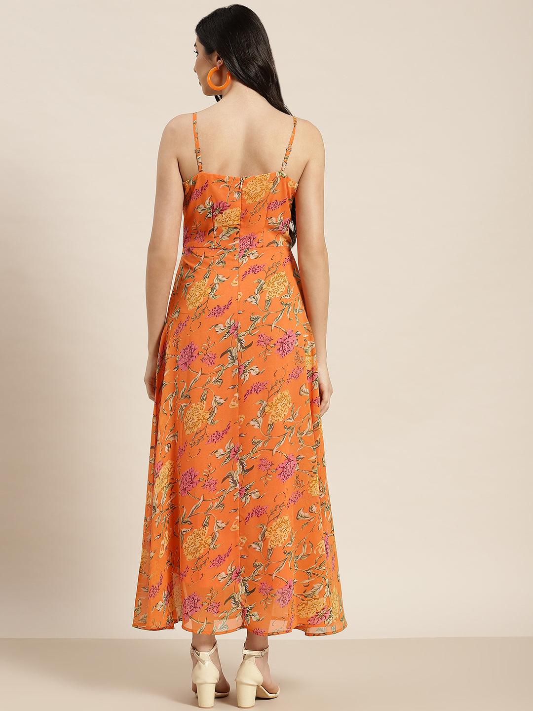Qurvii Orange Floral Maxi Dress - Qurvii India