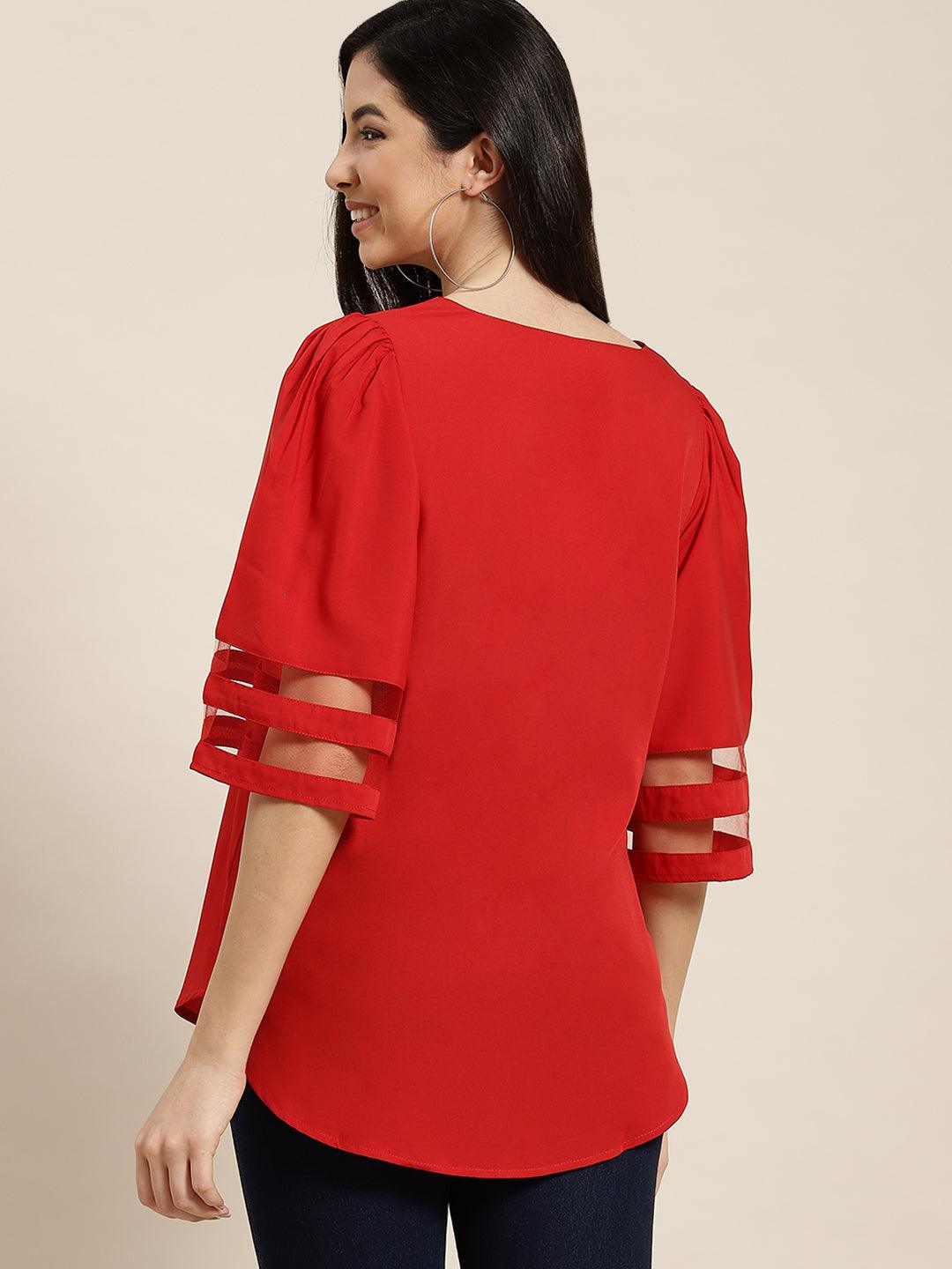 Qurvii Red Mesh Bell Sleeve Top - Qurvii India