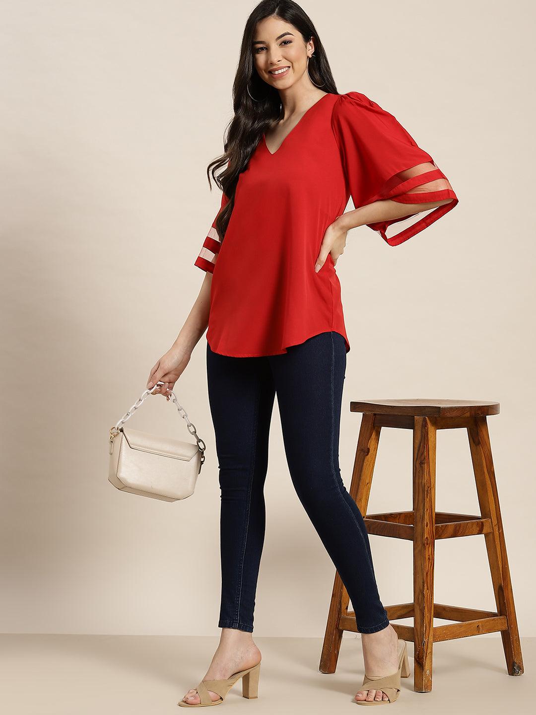 Qurvii Red Mesh Bell Sleeve Top - Qurvii India