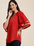 Qurvii Red Mesh Bell Sleeve Top - Qurvii India