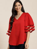 Qurvii Red Mesh Bell Sleeve Top - Qurvii India