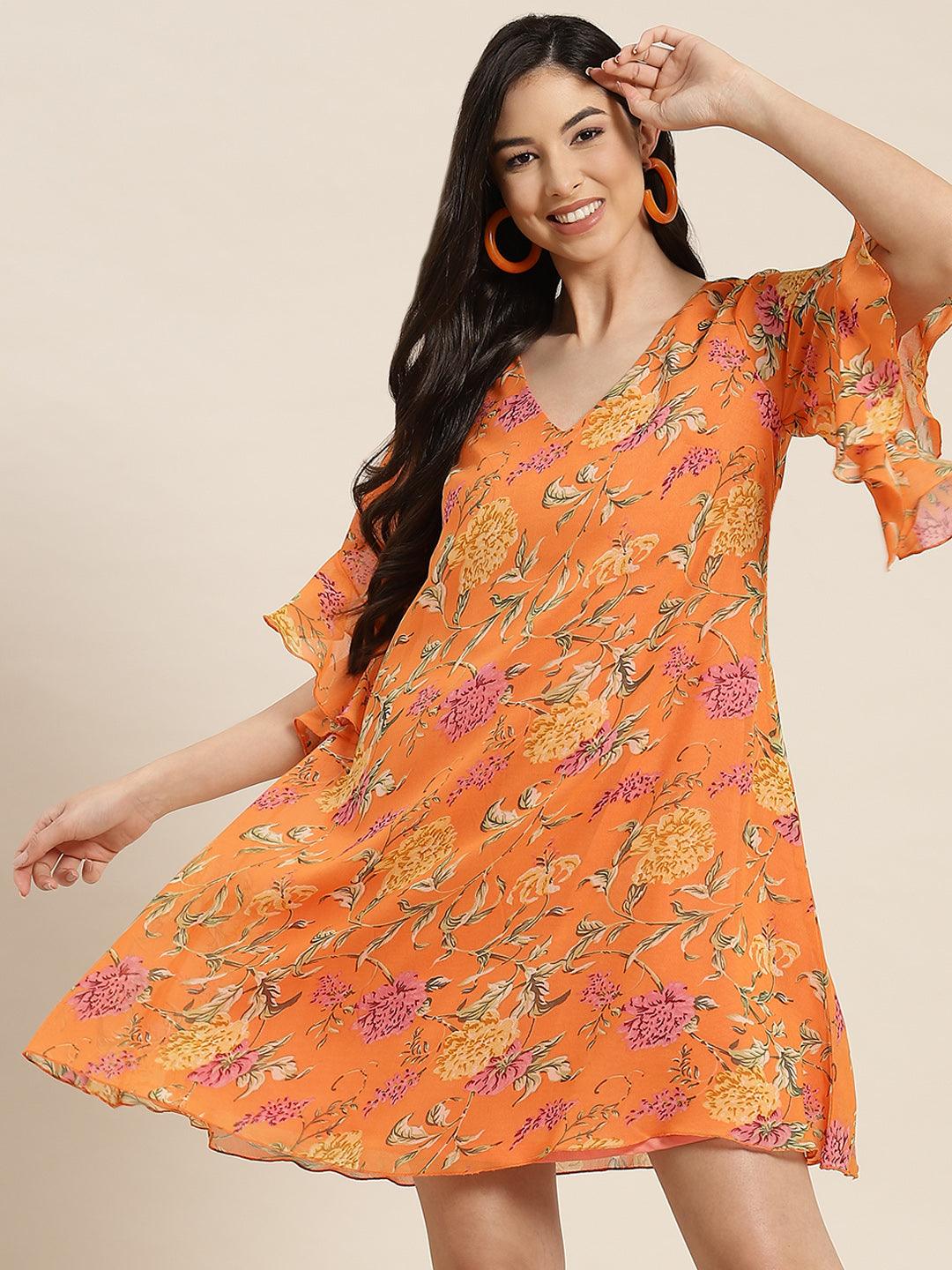 Qurvii Floral Orange A-line Dress - Qurvii India