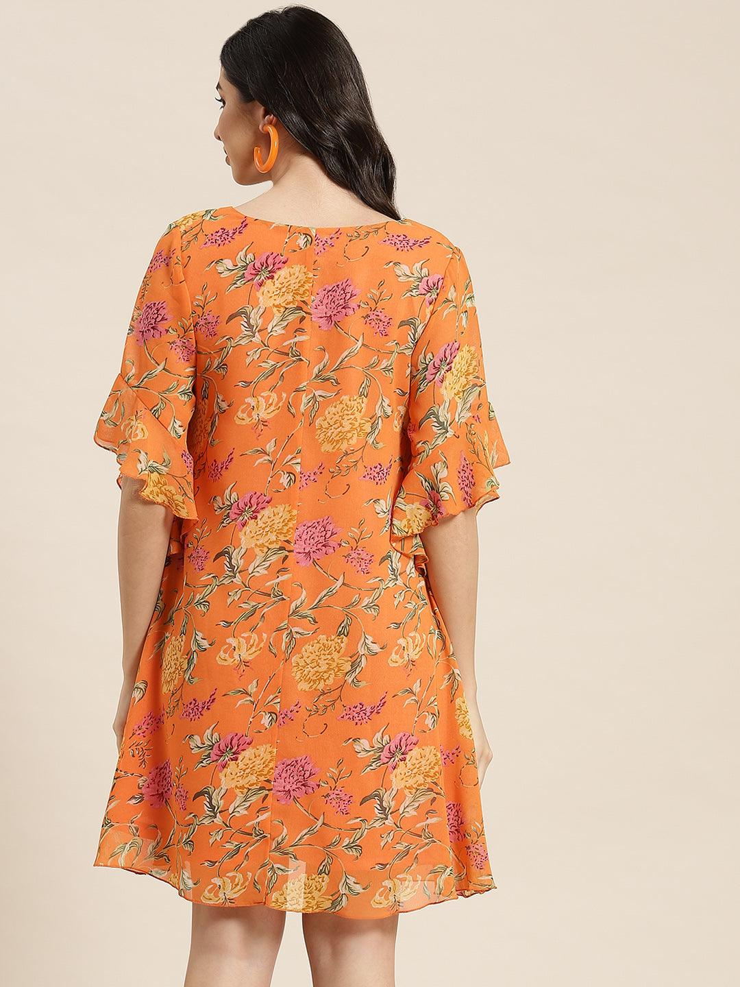 Qurvii Floral Orange A-line Dress - Qurvii India