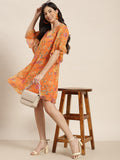 Qurvii Floral Orange A-line Dress - Qurvii India