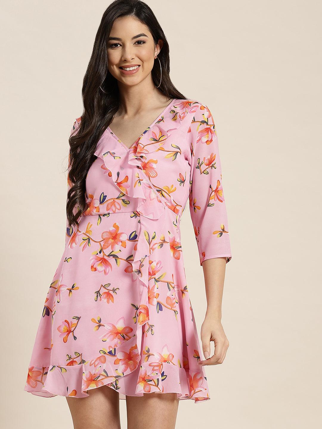 Qurvii Floral Pink Ruffle Dress - Qurvii India