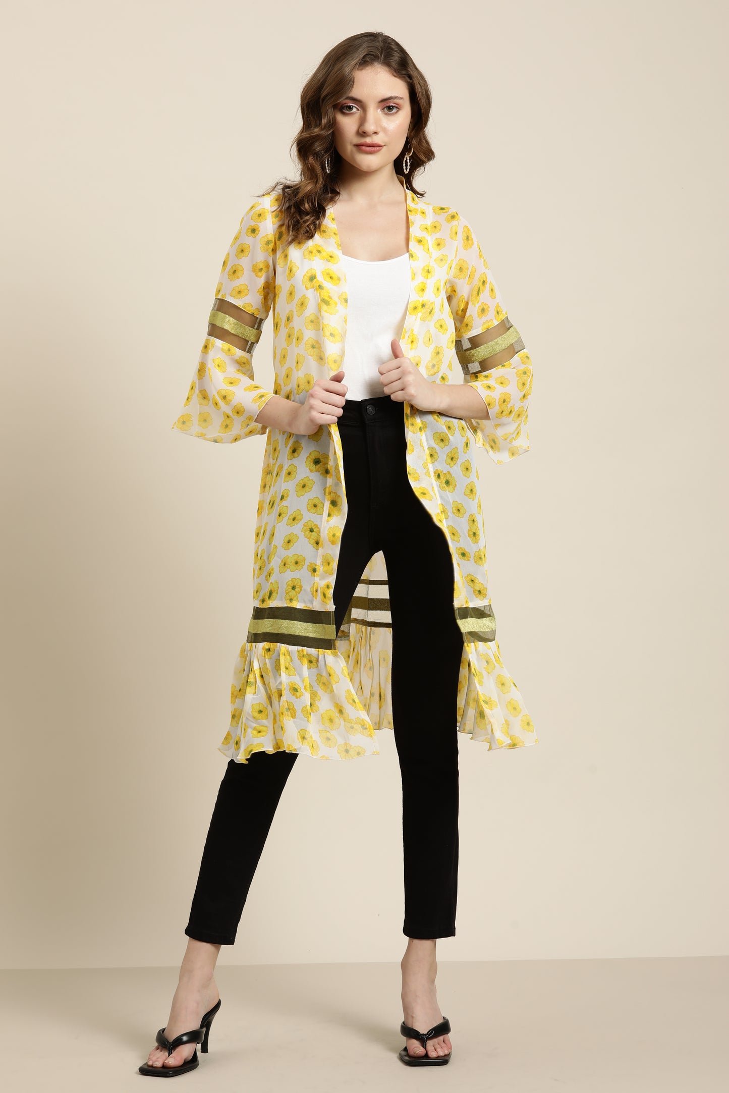 Floral Light Yellow Loose Fit  Three Quarter Bell Sleeve Georgette Shrug