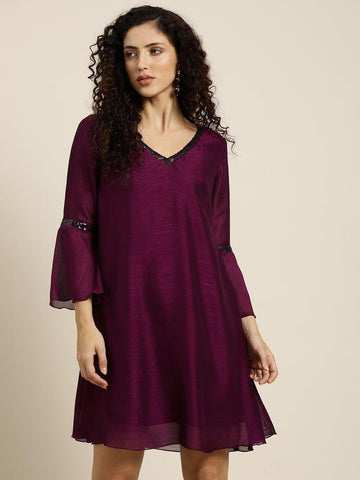 Qurvii Wine Georgette A-line Dress With Bell Sleeve - Qurvii India