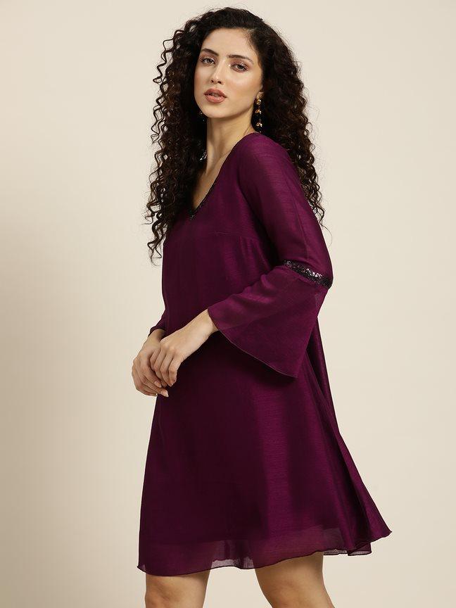 Qurvii Wine Georgette A-line Dress With Bell Sleeve - Qurvii India