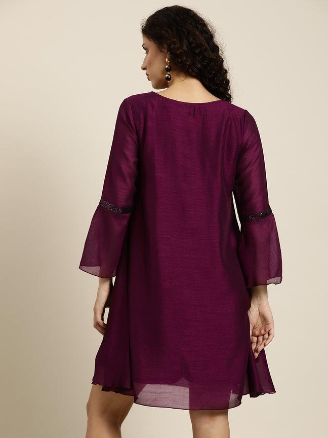 Qurvii Wine Georgette A-line Dress With Bell Sleeve - Qurvii India
