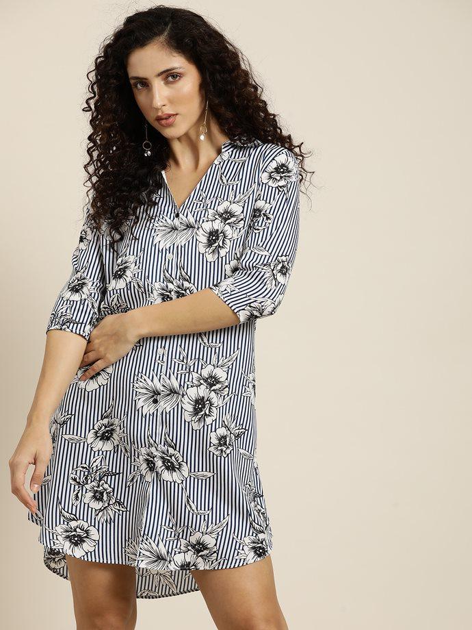 Qurvii White And Navy Striped Floral Shirt Dress - Qurvii India