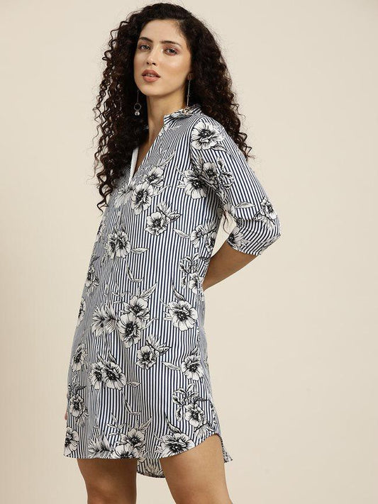 Qurvii White And Navy Striped Floral Shirt Dress - Qurvii India