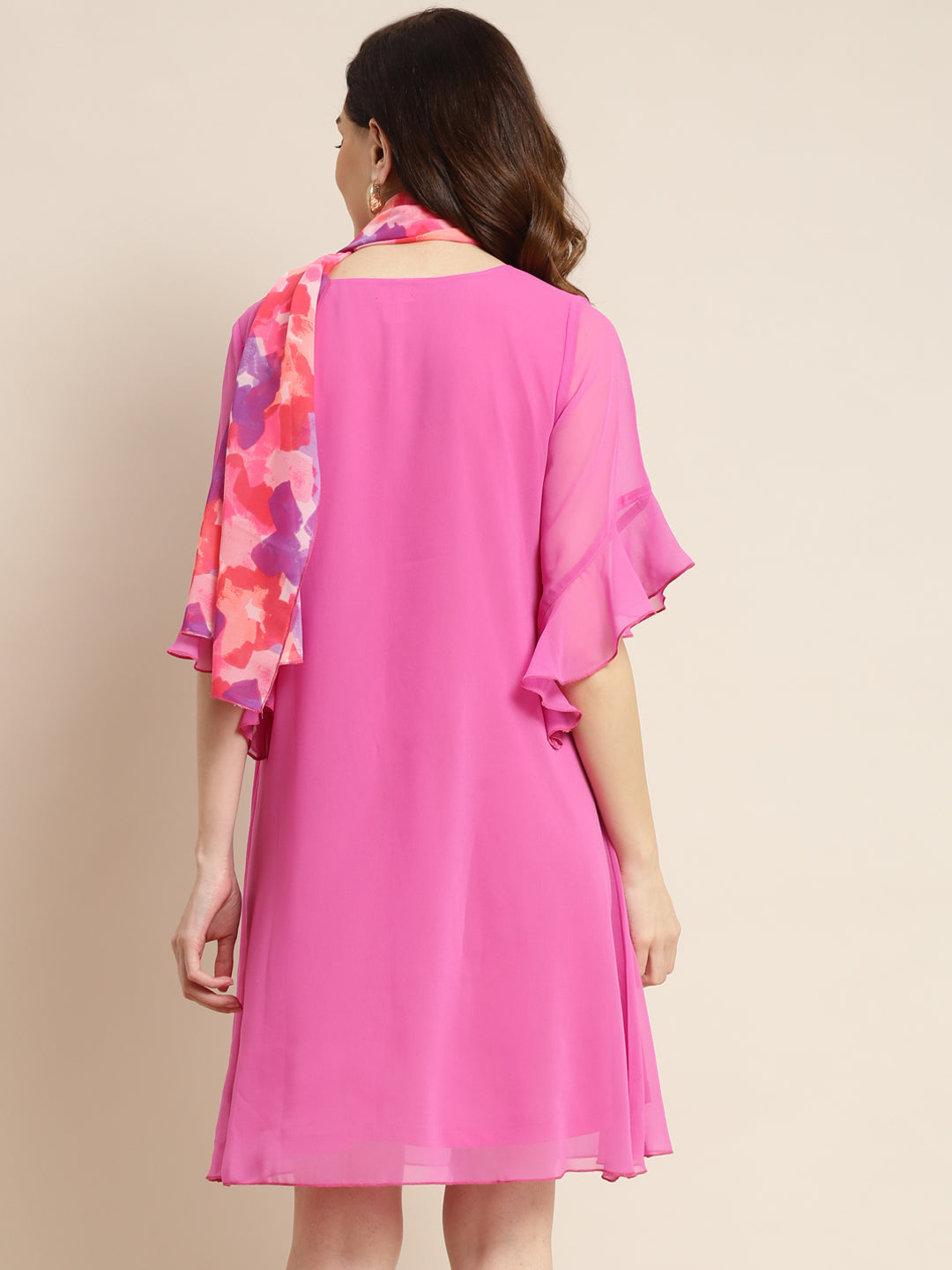 Solid Print Pastels Bright Mauve Relaxed Fit V Neck Three Quarter Bell Sleeve Georgette Dress